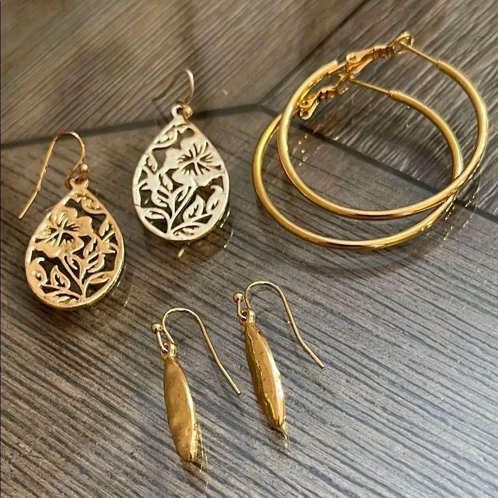 Three Pairs of Gold-tone Earrings, Floral Drops, Hoops & Hammered Drops